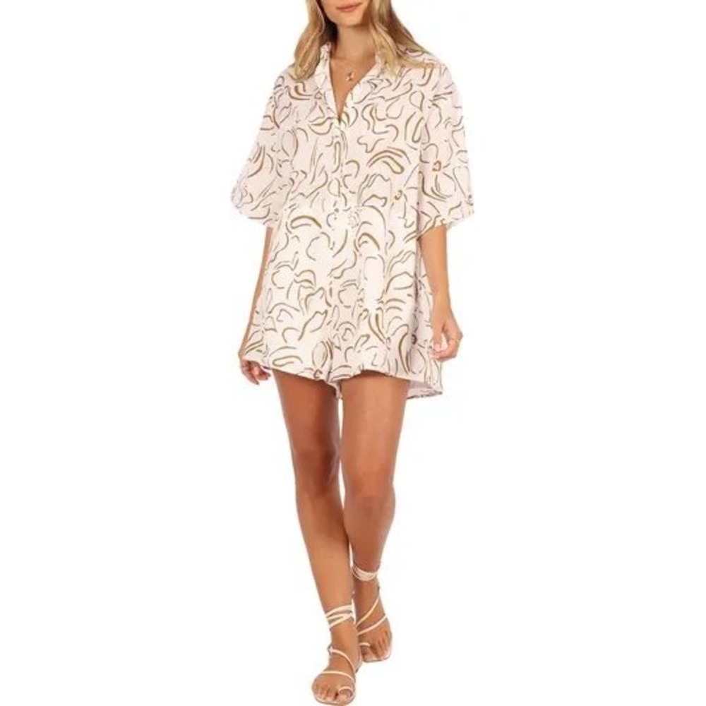Petal Pup Women's White Gold Floral Print Collared Short Sleeve Romper XS boho